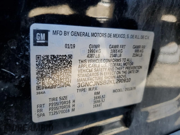 2019 Chevrolet Trax LS with VIN 3GNCJNSB2KL290910, listed as a Copart auction lot 76726814 with 102,053 mi miles and Salvage Title. Bid and sale history available at carsss.com. Image 16.