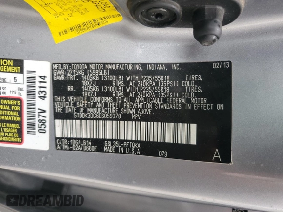 2013 Toyota Sienna XLE with VIN 5TDDK3DC6DS059378, listed as a Copart auction lot 54233765 with 225,129 mi miles and Salvage Title. Bid and sale history available at DreamBid. Image 13.