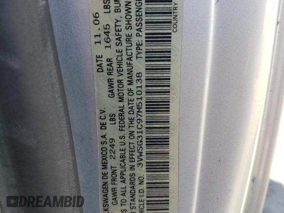 2007 Volkswagen Beetle with VIN 3VWSG31C97M510138, listed as a Copart auction lot 76146364 with 106,164 mi miles and Salvage Title. Bid and sale history available at DreamBid. Image 12.
