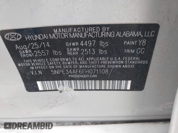 2015 Hyundai Sonata Limited with VIN 5NPE34AF6FH071108, listed as a IAAI auction lot 41946732 with 151,120 mi miles and . Bid and sale history available at carsss.com. Image 9.