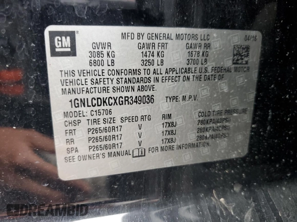 2016 Chevrolet Tahoe with VIN 1GNLCDKCXGR349036, listed as a Copart auction lot 74123044 with Not provided miles and Salvage title. Bid and sale history available at DreamBid. Image 13.