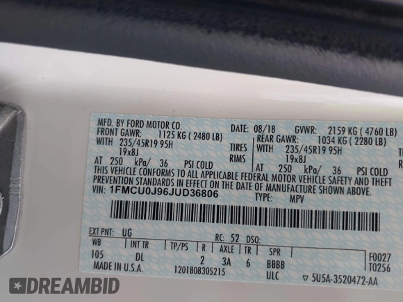 2018 Ford Escape Titanium with VIN 1FMCU0J96JUD36806, listed as a IAAI auction lot 42198506 with 50,710 mi miles and . Bid and sale history available at DreamBid. Image 9.