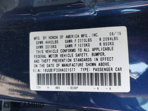 2017 Acura TLX with VIN 19UUB1F30HA001577, listed as a IAAI auction lot 41831495 with 78,183 mi miles. Bid and sale history available at carsss.com. Image 9.