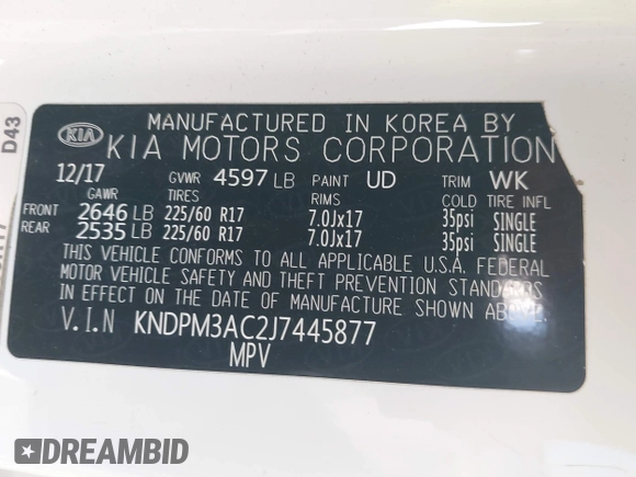 2018 Kia Sportage LX with VIN KNDPM3AC2J7445877, listed as a IAAI auction lot 41749884 with 150,320 mi miles and . Bid and sale history available at DreamBid. Image 9.