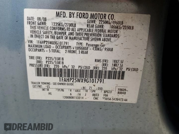 2009 Ford Taurus Limited z VIN 1FAHP25WX9G101791, wystawiony jako Copart lot #56671645 z przebiegiem 120 918 mil mil oraz Nie do naprawy • Non repairable. Historia ofert i sprzedaży dostępna na DreamBid. Obrazek 12.