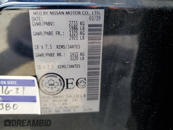 2019 Infiniti QX60 Luxe z VIN 5N1DL0MM4KC561014, wystawiony jako Copart lot #69577844 z przebiegiem 177 089 mil mil oraz Szkoda całkowita • Salvage title. Historia ofert i sprzedaży dostępna na DreamBid. Obrazek 13.