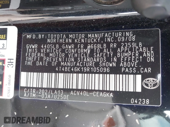 2009 Toyota Camry with VIN 4T4BE46K19R105096, listed as a IAAI auction lot 42110672 with 175,827 mi miles and . Bid and sale history available at DreamBid. Image 9.