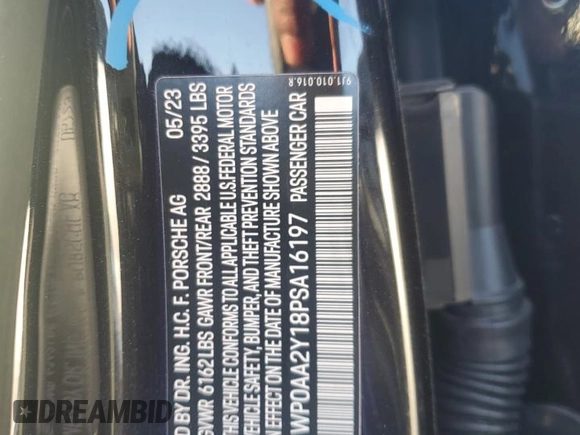 2023 Porsche Taycan z VIN WP0AA2Y18PSA16197, wystawiony jako Copart lot #50664125 z przebiegiem 3142 mil mil oraz Szkody całkowita. Historia ofert i sprzedaży dostępna na DreamBid. Obrazek 13.