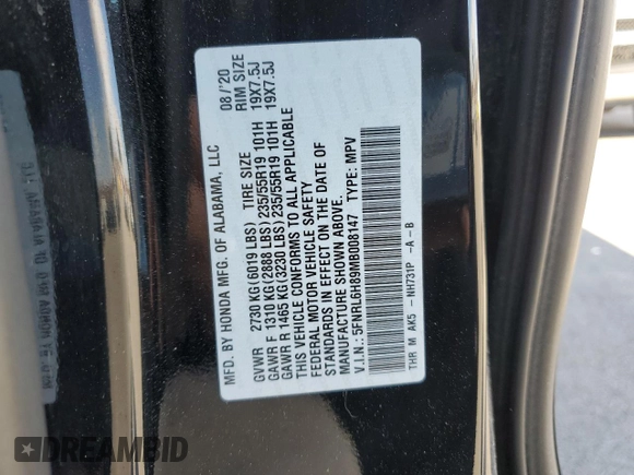 2021 Honda Odyssey Touring with VIN 5FNRL6H89MB008147, listed as a Copart auction lot 49830205 with 58,632 mi miles and Clean Title. Bid and sale history available at carsss.com. Image 14.