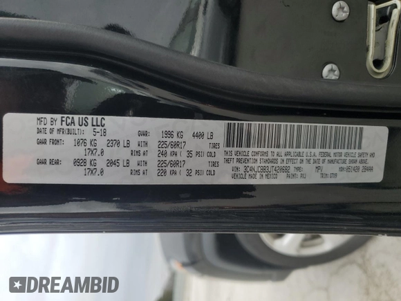 2018 Jeep Compass Latitude with VIN 3C4NJCBB3JT420682, listed as a Copart auction lot 43752585 with 66,360 mi miles and Salvage title. Bid and sale history available at DreamBid. Image 13.