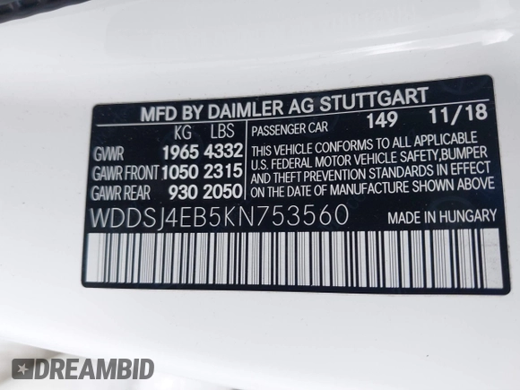 2019 Mercedes-Benz CLA with VIN WDDSJ4EB5KN753560, listed as a IAAI auction lot 41786979 with 56,528 mi miles. Bid and sale history available at carsss.com. Image 9.