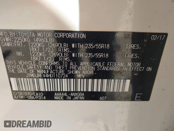 2017 Toyota RAV4 Hybrid Limited with VIN JTMDJREV4HD110724, listed as a IAAI auction lot 42141585 with 80,671 mi miles. Bid and sale history available at carsss.com. Image 9.
