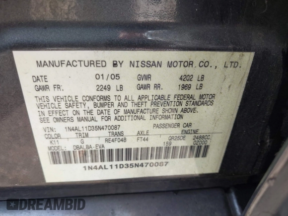 2005 Nissan Altima SL z VIN 1N4AL11D35N470087, wystawiony jako IAAI lot #42073222 z przebiegiem 167 561 mil mil oraz . Historia ofert i sprzedaży dostępna na DreamBid. Obrazek 9.