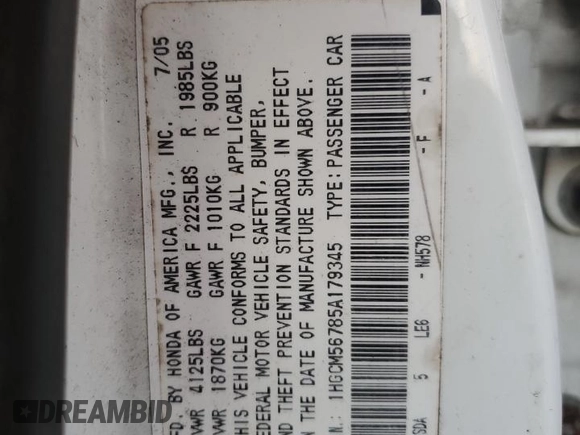 2005 Honda Accord EX with VIN 1HGCM56785A179345, listed as a Copart auction lot 87933375 with 301,442 mi miles and Clean Title. Bid and sale history available at DreamBid. Image 12.