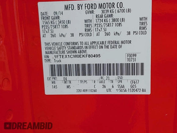 2014 Ford F-150 XL with VIN 1FTEX1CM0EKF80495, listed as a IAAI auction lot 42014592 with 141,213 mi miles. Bid and sale history available at carsss.com. Image 9.