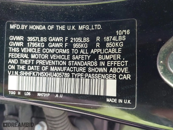 2017 Honda Civic Hatchback EX with VIN SHHFK7H5XHU405789, listed as a IAAI auction lot 41709294 with 72,089 mi miles. Bid and sale history available at carsss.com. Image 9.