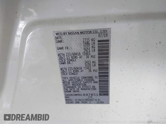 2019 Nissan Pathfinder S with VIN 5N1DR2MM9KC647851, listed as a IAAI auction lot 41289955 with 77,346 mi miles and . Bid and sale history available at DreamBid. Image 9.