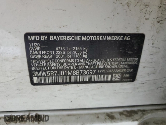 2021 BMW 3 Series 330i xDrive with VIN 3MW5R7J01M8B73697, listed as a Copart auction lot 48688115 with Not Provided miles and Salvage Title. Bid and sale history available at DreamBid. Image 12.