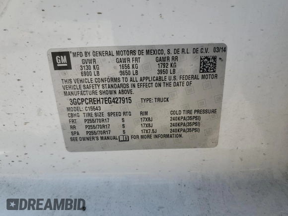 2014 Chevrolet Silverado 1500 LT with VIN 3GCPCREH7EG427915, listed as a Copart auction lot 65219244 with 127,778 mi miles and Salvage Title. Bid and sale history available at DreamBid. Image 14.