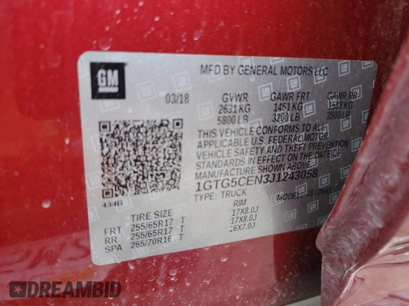 2018 GMC Canyon 2WD SLE with VIN 1GTG5CEN3J1243058, listed as a Copart auction lot 83269634 with 43,988 mi miles and Salvage Title. Bid and sale history available at carsss.com. Image 14.
