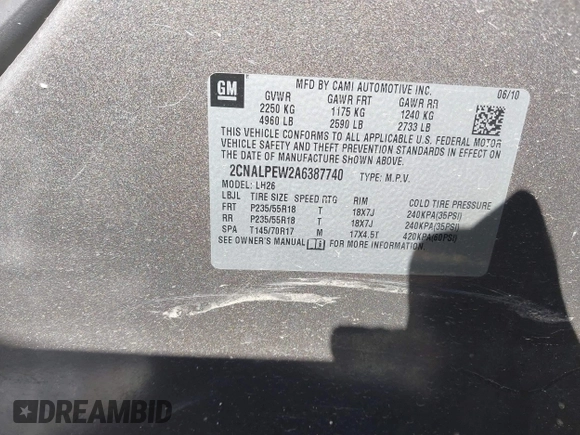 2010 Chevrolet Equinox 2LT with VIN 2CNALPEW2A6387740, listed as a IAAI auction lot 41084164 with 124,003 mi miles and . Bid and sale history available at DreamBid. Image 9.