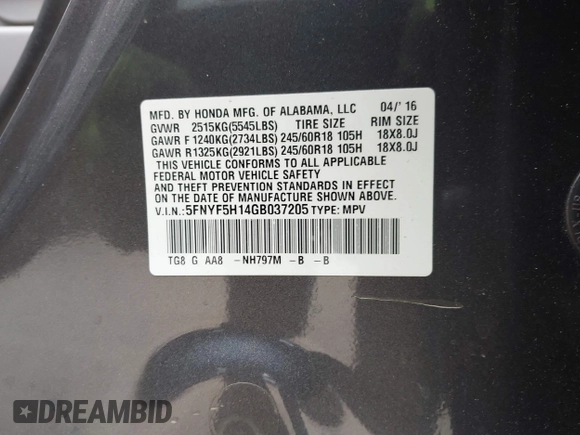 2016 Honda Pilot LX with VIN 5FNYF5H14GB037205, listed as a IAAI auction lot 42034018 with 101,943 mi miles and . Bid and sale history available at DreamBid. Image 9.