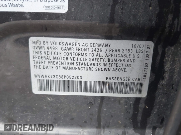 2008 Volkswagen Passat Komfort with VIN WVWAK73C88P052203, listed as a IAAI auction lot 42461111 with 197,988 mi miles and . Bid and sale history available at DreamBid. Image 9.