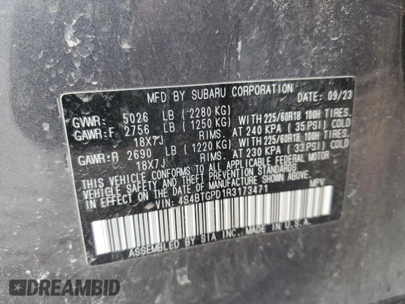 2024 Subaru Outback Touring XT с VIN 4S4BTGPD1R3173471, выставлен на аукционе Copart как лот 48757215 с пробегом 37 504 миль миль и На запчасти • Non repairable. История ставок и продаж доступна на DreamBid. Изображение 15.