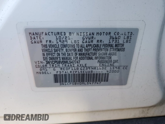 2021 Nissan Kicks S with VIN 3N1CP5BV0ML547747, listed as a Copart auction lot 50586675 with 95,213 mi miles and Clean Title. Bid and sale history available at carsss.com. Image 12.