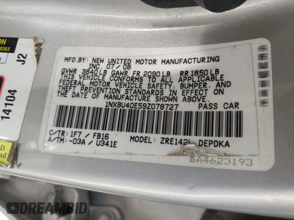 2009 Toyota Corolla with VIN 1NXBU40E59Z078727, listed as a IAAI auction lot 42035739 with 113,814 mi miles. Bid and sale history available at carsss.com. Image 9.