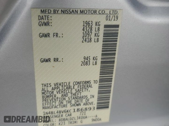 2019 Nissan Altima S z VIN 1N4BL4BV6KC186893, wystawiony jako Copart lot #56548915 z przebiegiem 154 357 mil mil oraz Czysty tytuł • Clean title. Historia ofert i sprzedaży dostępna na DreamBid. Obrazek 12.