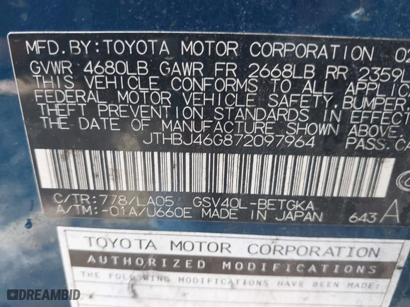 2007 Lexus ES 350 with VIN JTHBJ46G872097964, listed as a IAAI auction lot 41462968 with NaN miles. Bid and sale history available at carsss.com. Image 9.