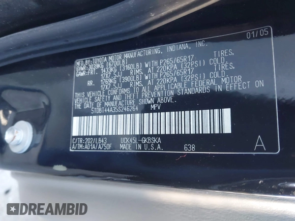 2005 Toyota Sequoia SR5 with VIN 5TDBT44A35S246264, listed as a IAAI auction lot 41558630 with 149,548 mi miles and . Bid and sale history available at DreamBid. Image 9.