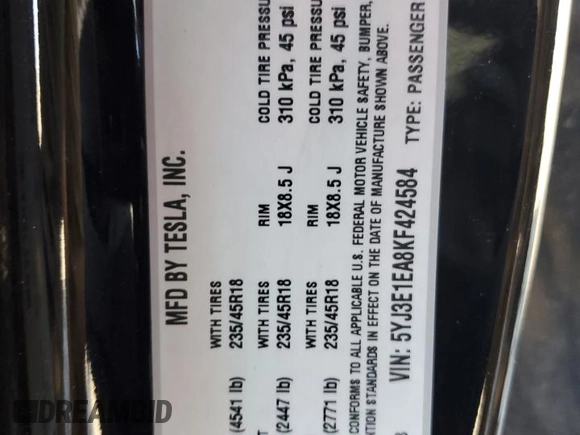 2019 Tesla Model 3 Mid Range z VIN 5YJ3E1EA8KF424584, wystawiony jako Copart lot #51331635 z przebiegiem 87 355 mil mil oraz Szkody całkowita. Historia ofert i sprzedaży dostępna na DreamBid. Obrazek 14.