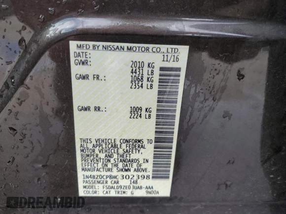 2017 Nissan LEAF S with VIN 1N4BZ0CP8HC302398, listed as a Copart auction lot 50421905 with 31,220 mi miles and Salvage Title. Bid and sale history available at carsss.com. Image 13.
