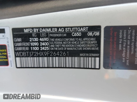 2009 Mercedes-Benz CLK 550 with VIN WDBTJ72HX9F264261, listed as a Copart auction lot 89173605 with Not Provided miles and Salvage Title. Bid and sale history available at DreamBid. Image 15.