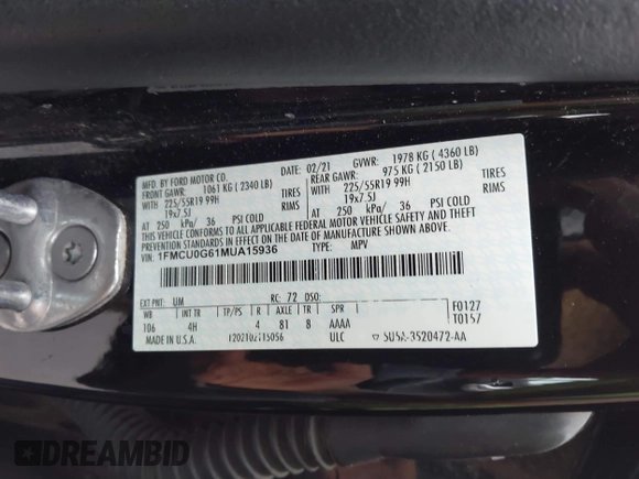 2021 Ford Escape SE z VIN 1FMCU0G61MUA15936, wystawiony jako IAAI lot #41725241 z przebiegiem 48 865 mil mil oraz . Historia ofert i sprzedaży dostępna na DreamBid. Obrazek 9.