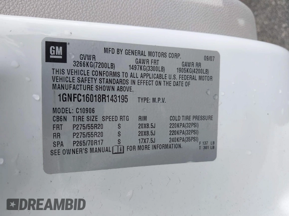 2008 Chevrolet Suburban LTZ with VIN 1GNFC16018R143195, listed as a IAAI auction lot 41577367 with 223,506 mi miles and . Bid and sale history available at DreamBid. Image 9.