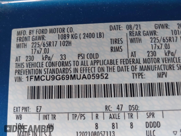 2021 Ford Escape SE с VIN 1FMCU9G69MUA05952, выставлен на аукционе IAAI как лот 41718174 с пробегом 126 700 миль миль и . История ставок и продаж доступна на DreamBid. Изображение 9.