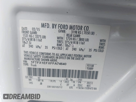 2015 Ford F-150 XLT с VIN 1FTFX1EFXFFA74640, выставлен на аукционе IAAI как лот 42309957 с пробегом 146 358 миль миль и . История ставок и продаж доступна на DreamBid. Изображение 9.