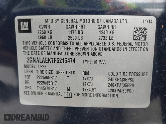 2015 Chevrolet Equinox LS z VIN 2GNALAEK7F6215474, wystawiony jako IAAI lot #42257375 z przebiegiem 227 608 mil mil oraz . Historia ofert i sprzedaży dostępna na DreamBid. Obrazek 9.