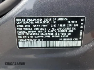 2018 Volkswagen Passat S with VIN 1VWAA7A33JC014815, listed as a Copart auction lot 54351615 with 78,268 mi miles and Non repairable. Bid and sale history available at DreamBid. Image 12.