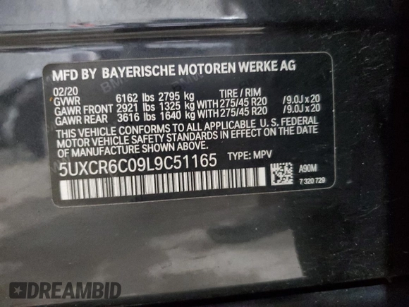 2020 BMW X5 xDrive40i with VIN 5UXCR6C09L9C51165, listed as a Copart auction lot 58212555 with Not provided miles and Salvage title. Bid and sale history available at DreamBid. Image 13.