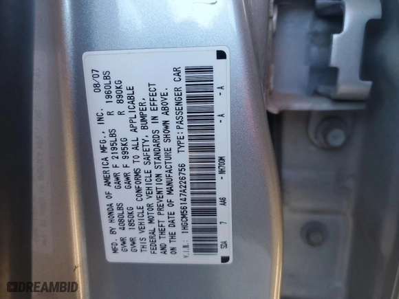 2007 Honda Accord Sdn VP with VIN 1HGCM56147A226756, listed as a Copart auction lot 44429095 with 162,035 mi miles and Salvage Title. Bid and sale history available at carsss.com. Image 14.