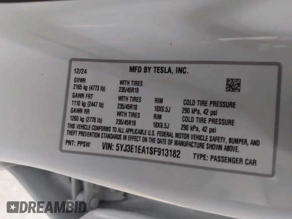 2025 Tesla Model 3 Long Range with VIN 5YJ3E1EA1SF913182, listed as a IAAI auction lot 42072870 with Not provided miles and . Bid and sale history available at DreamBid. Image 9.