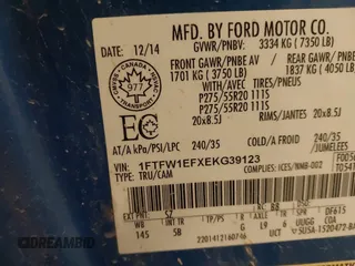 2014 Ford F-150 XL with VIN 1FTFW1EFXEKG39123, listed as a IAAI auction lot 42133055 with 172,080 mi miles and . Bid and sale history available at DreamBid. Image 9.