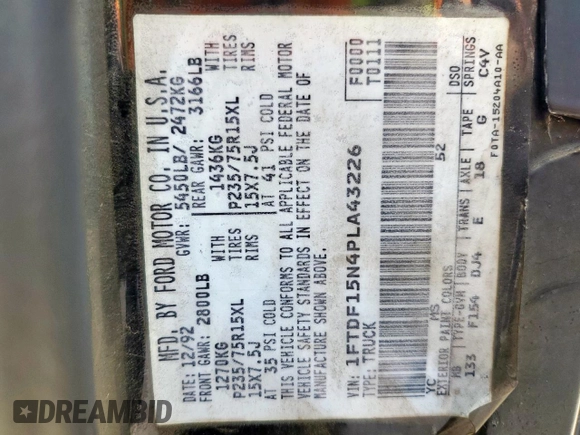 1993 Ford F-150 с VIN 1FTDF15N4PLA43226, выставлен на аукционе Copart как лот 56685005 с пробегом 182 714 миль миль и Списание • Salvage title. История ставок и продаж доступна на DreamBid. Изображение 12.
