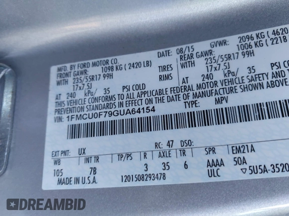 2016 Ford Escape S with VIN 1FMCU0F79GUA64154, listed as a IAAI auction lot 41402897 with 125,952 mi miles. Bid and sale history available at carsss.com. Image 9.