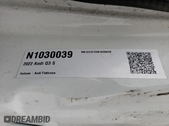 2022 Audi Q3 S line Premium Plus with VIN WA1EECF32N1030039, listed as a Copart auction lot 54728825 with Not provided miles and Salvage title. Bid and sale history available at DreamBid. Image 13.
