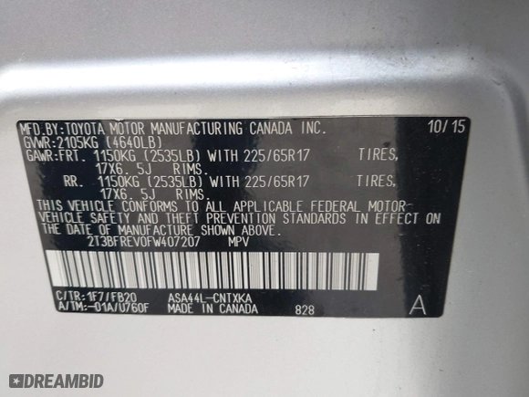 2015 Toyota RAV4 LE with VIN 2T3BFREV0FW407207, listed as a IAAI auction lot 42013048 with 212,301 mi miles. Bid and sale history available at carsss.com. Image 9.